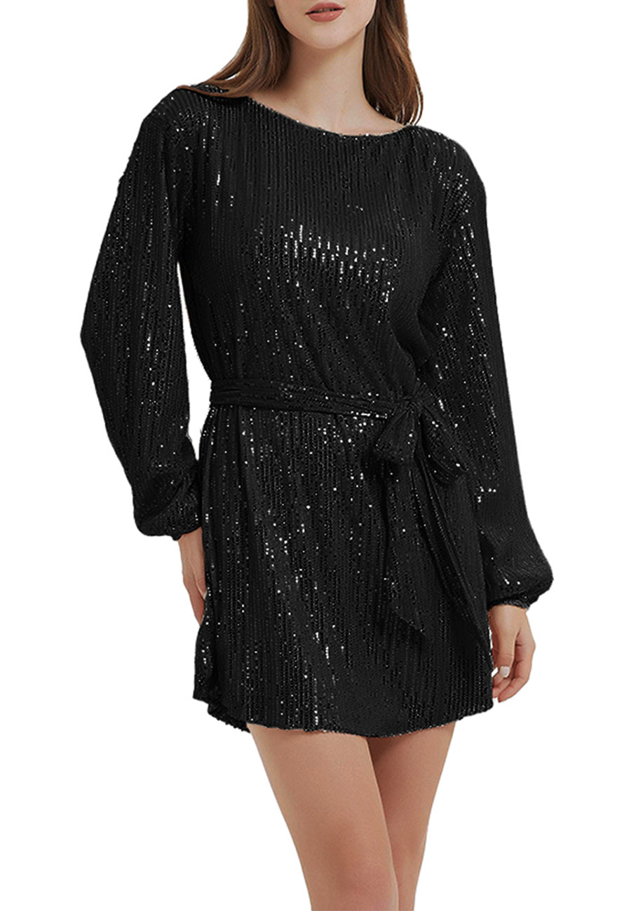 Vestido de fiesta con lentejuelas brillantes para mujer de Anna-Kaci, manga larga, cuello redondo, elegante, holgado, de moda