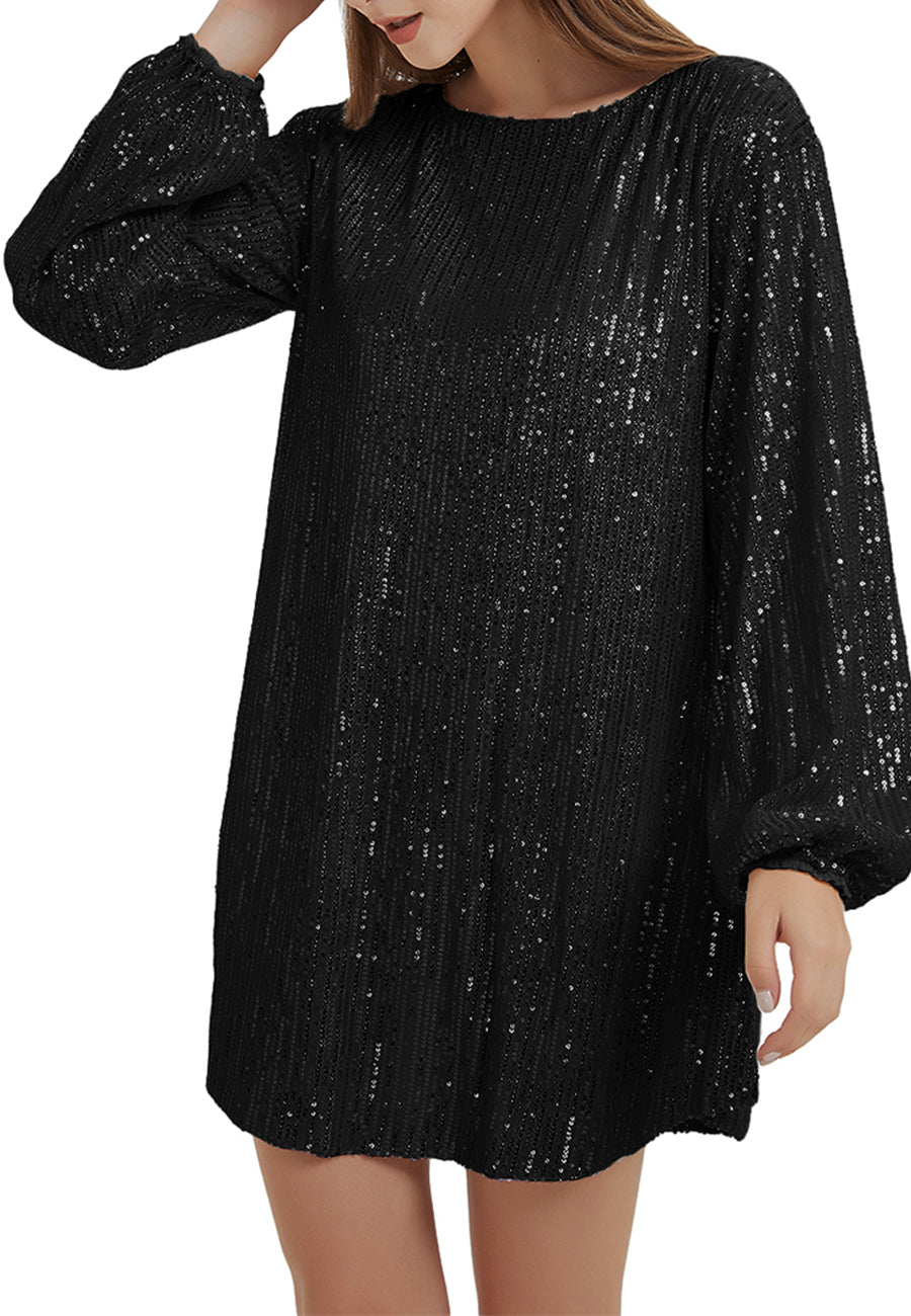 Vestido de fiesta con lentejuelas brillantes para mujer de Anna-Kaci, manga larga, cuello redondo, elegante, holgado, de moda