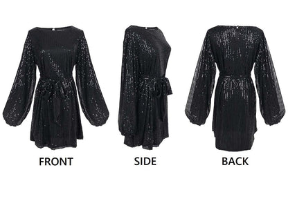 Vestido de fiesta con lentejuelas brillantes para mujer de Anna-Kaci, manga larga, cuello redondo, elegante, holgado, de moda