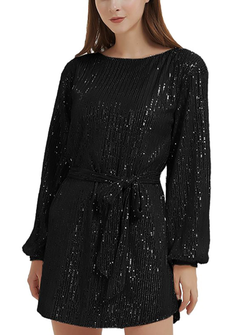 Vestido de fiesta con lentejuelas brillantes para mujer de Anna-Kaci, manga larga, cuello redondo, elegante, holgado, de moda