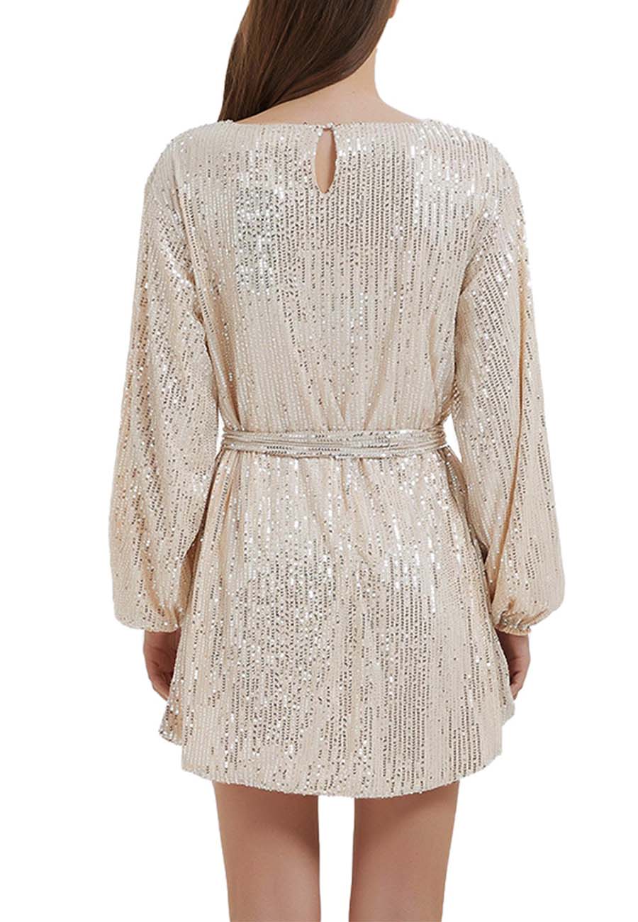 Vestido de fiesta con lentejuelas brillantes para mujer de Anna-Kaci, manga larga, cuello redondo, elegante, holgado, de moda