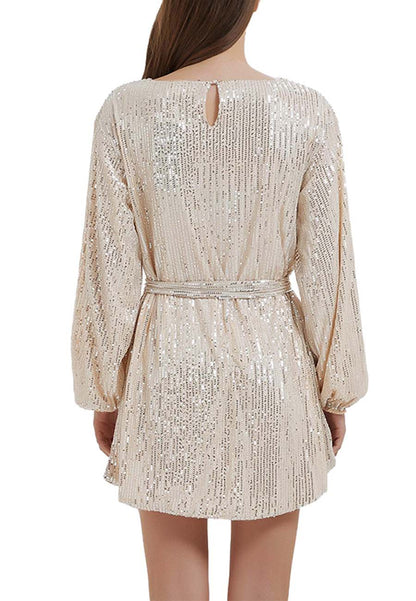 Vestido de fiesta con lentejuelas brillantes para mujer de Anna-Kaci, manga larga, cuello redondo, elegante, holgado, de moda