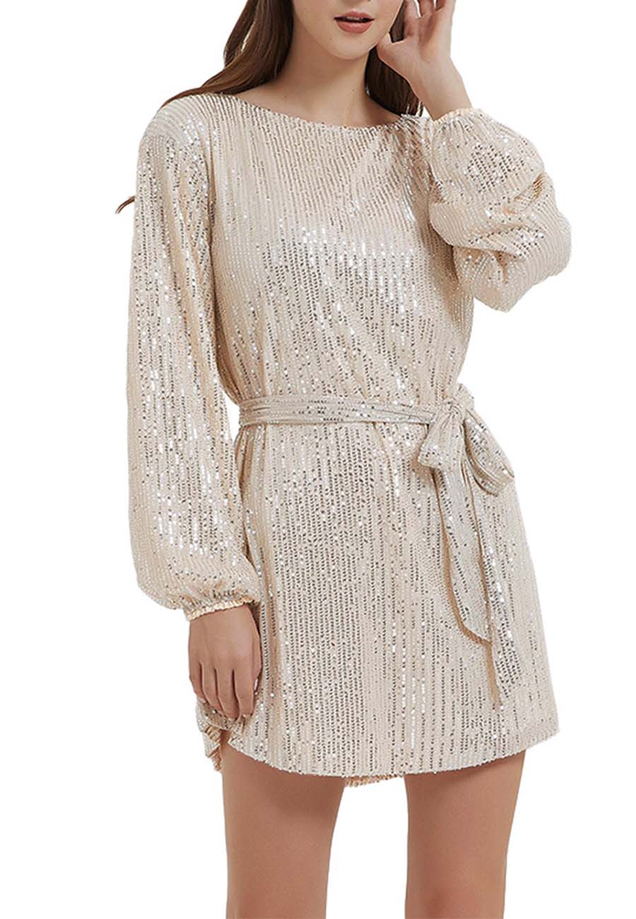 Vestido de fiesta con lentejuelas brillantes para mujer de Anna-Kaci, manga larga, cuello redondo, elegante, holgado, de moda