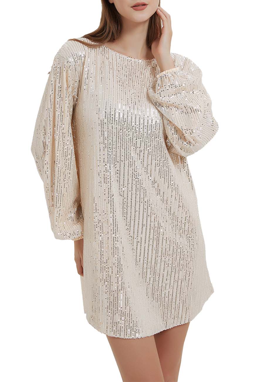 Vestido de fiesta con lentejuelas brillantes para mujer de Anna-Kaci, manga larga, cuello redondo, elegante, holgado, de moda