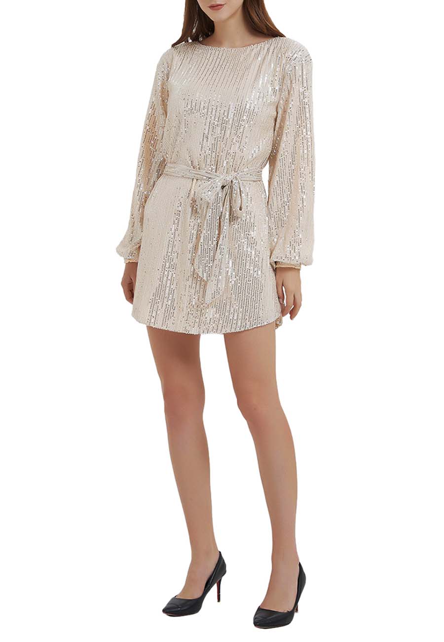 Vestido de fiesta con lentejuelas brillantes para mujer de Anna-Kaci, manga larga, cuello redondo, elegante, holgado, de moda