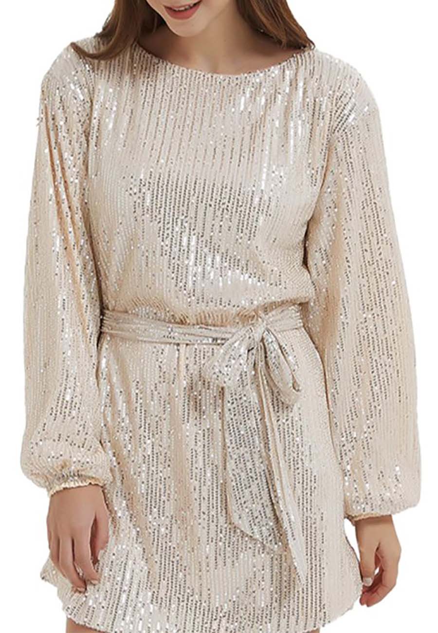 Vestido de fiesta con lentejuelas brillantes para mujer de Anna-Kaci, manga larga, cuello redondo, elegante, holgado, de moda
