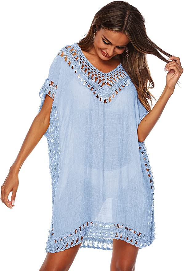 Anna-Kaci Swimsuit Cover Up Women Swimwear Bathing Suit Dress Sexy Bikini Beach Crochet Beachwear Loose Dress, One Size / Blue Anna-Kaci Swimsuit Cover Up Women Swimwear Bathing Suit Dress Sexy Bikini Beach Crochet Beachwear Loose Dress, One Size / Blue