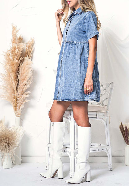 Vestido camisero de mezclilla con botones, cintura alta y manga corta informal para mujer de Anna-Kaci