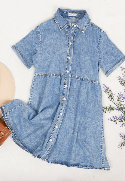 Vestido camisero de mezclilla con botones, cintura alta y manga corta informal para mujer de Anna-Kaci