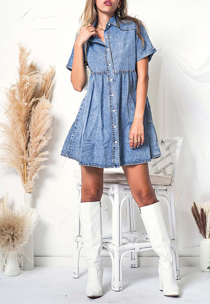Vestido camisero de mezclilla con botones, cintura alta y manga corta informal para mujer de Anna-Kaci