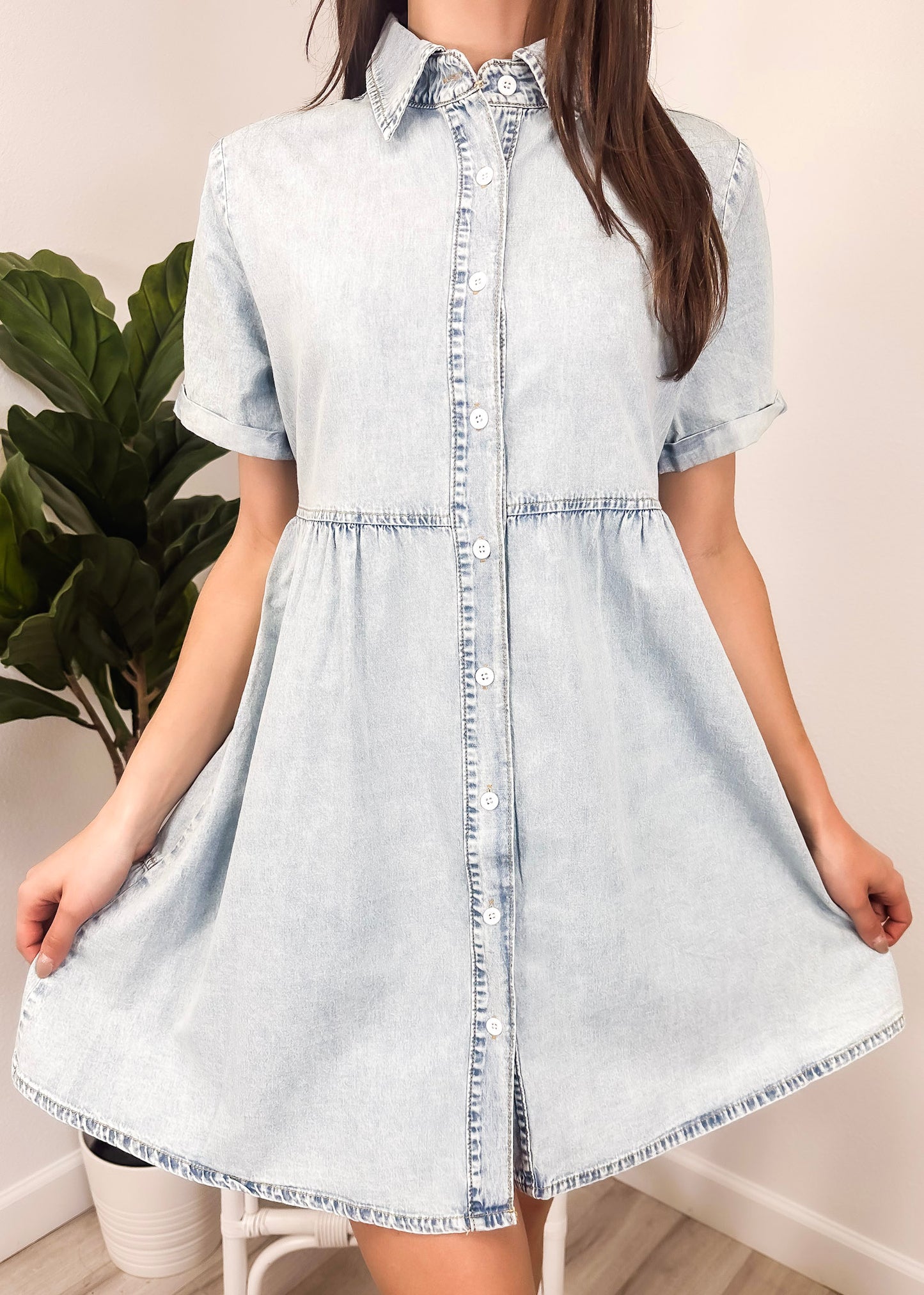 Anna-Kaci Women's Casual Short Sleeve High Waist Button Down Tiered Denim Shirt Dress