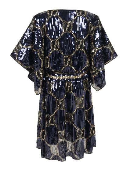 Anna-Kaci Women's Fashion Sequins Half Sleeve Boat Neck Loose Stretch Tunic Blouses Mini Dresses