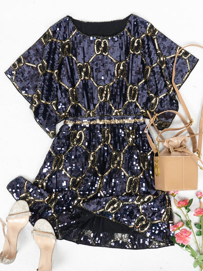 Anna-Kaci Women's Fashion Sequins Half Sleeve Boat Neck Loose Stretch Tunic Blouses Mini Dresses