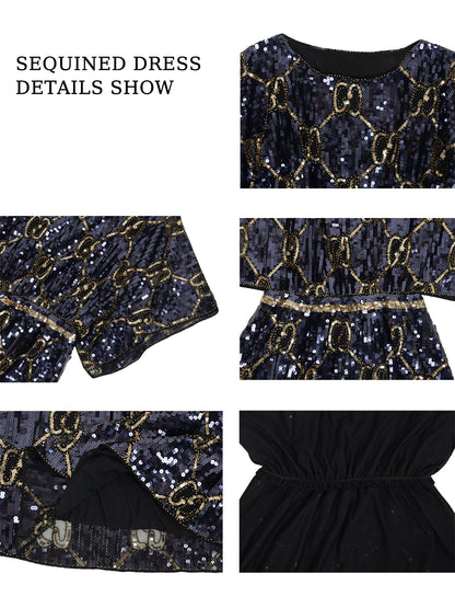 Anna-Kaci Women's Fashion Sequins Half Sleeve Boat Neck Loose Stretch Tunic Blouses Mini Dresses