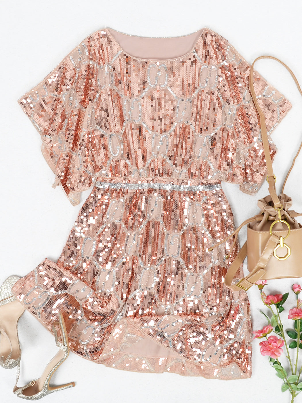 Anna-Kaci Women's Fashion Sequins Half Sleeve Boat Neck Loose Stretch Tunic Blouses Mini Dresses