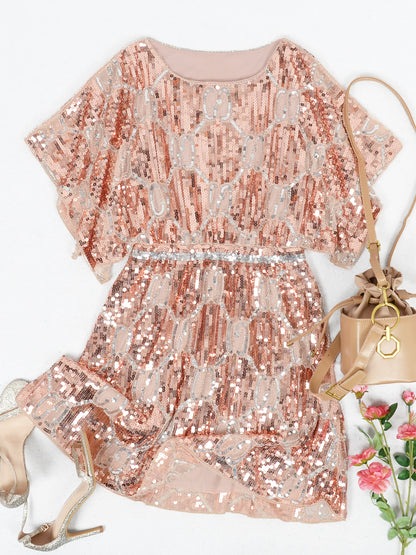 Anna-Kaci Women's Fashion Sequins Half Sleeve Boat Neck Loose Stretch Tunic Blouses Mini Dresses