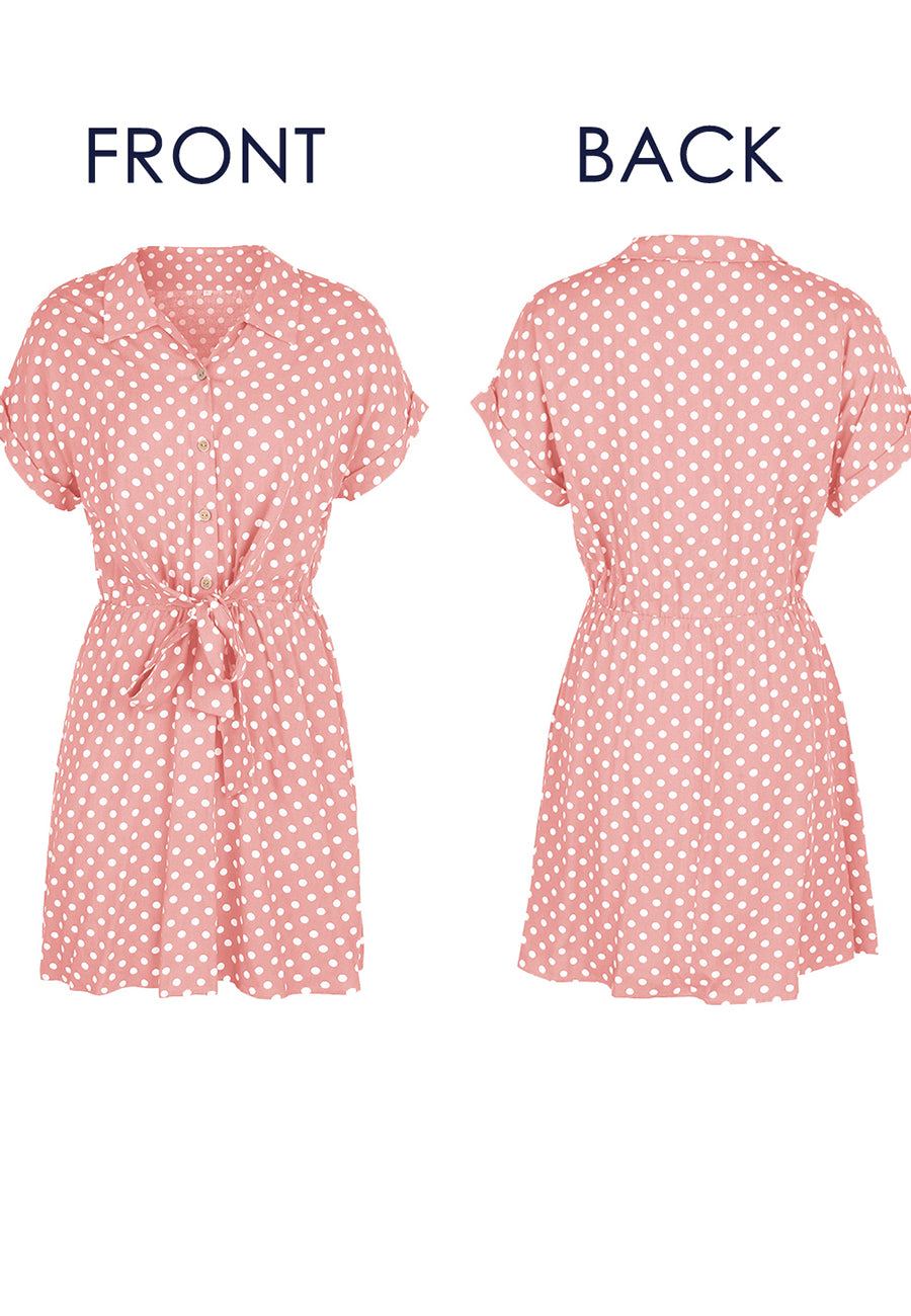 Anna-Kaci Womens Casual Dress Short Sleeves Button Up Polka Dot Printed Tie Waist Mini Dresses