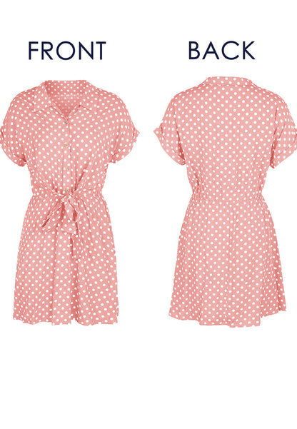 Anna-Kaci Womens Casual Dress Short Sleeves Button Up Polka Dot Printed Tie Waist Mini Dresses