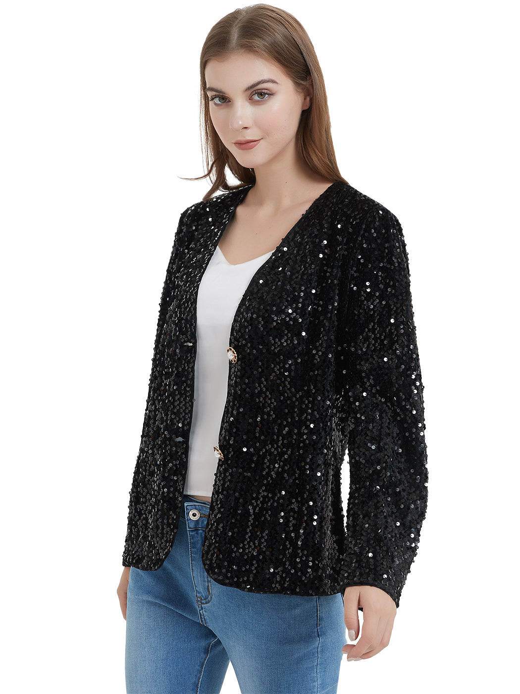 Chaqueta tipo cárdigan con lentejuelas para mujer de Anna-Kaci, abrigo informal brillante con parte delantera abierta