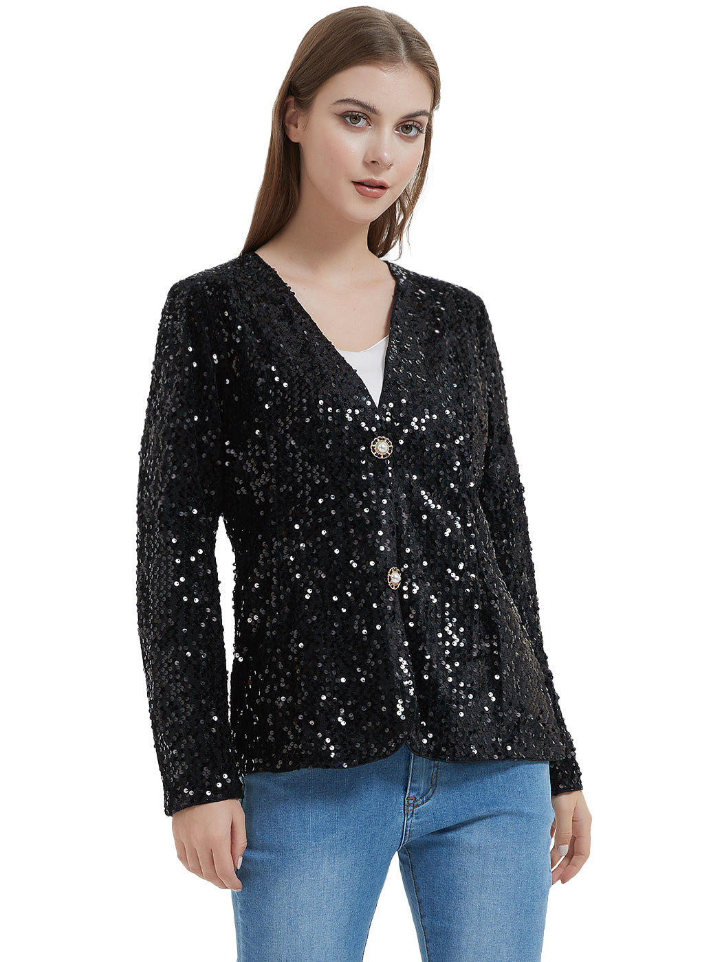 Chaqueta tipo cárdigan con lentejuelas para mujer de Anna-Kaci, abrigo informal brillante con parte delantera abierta