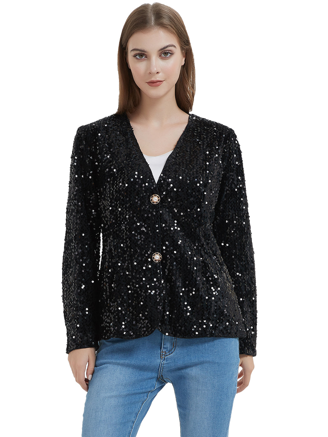 Chaqueta tipo cárdigan con lentejuelas para mujer de Anna-Kaci, abrigo informal brillante con parte delantera abierta
