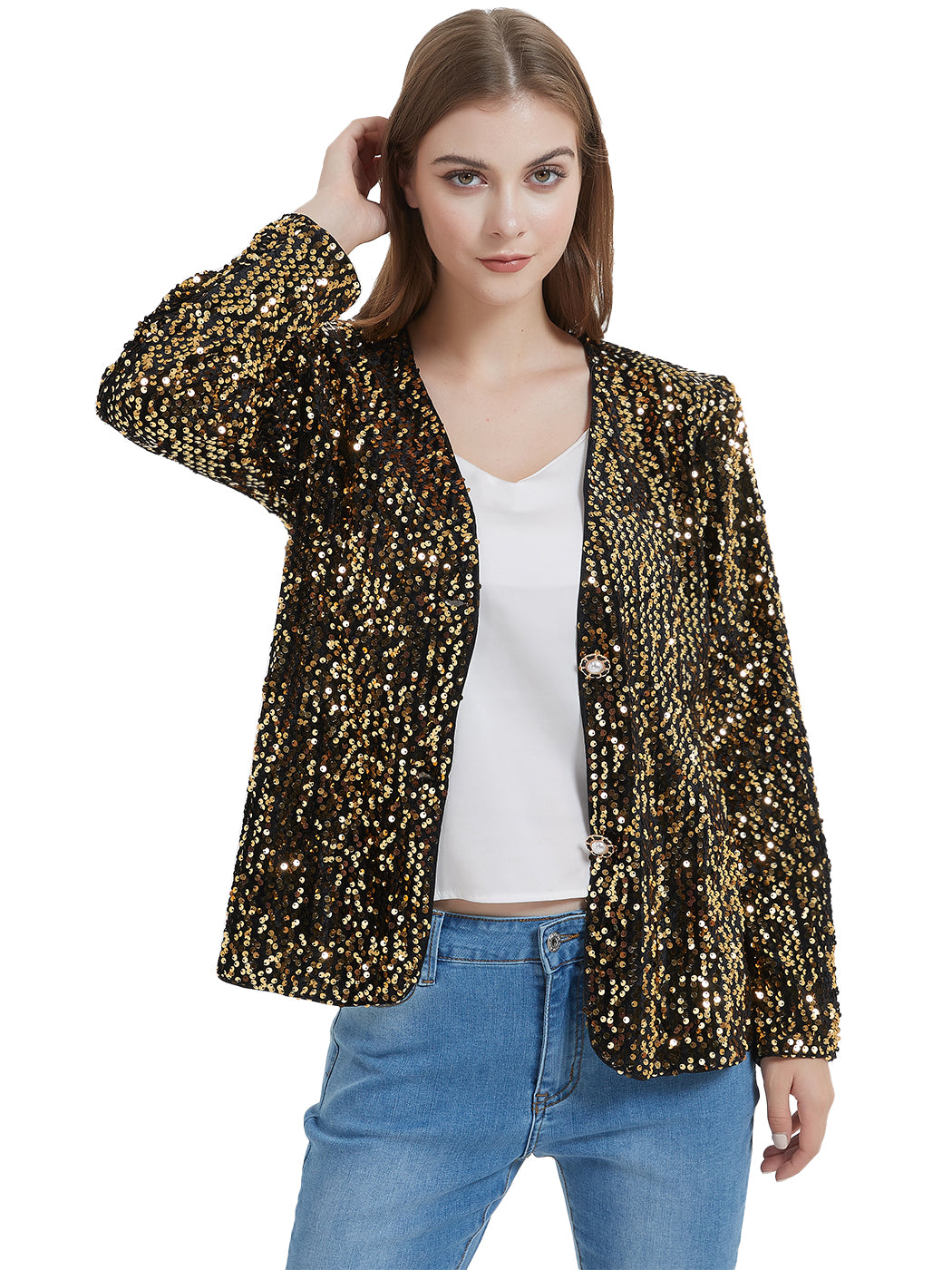 Chaqueta tipo cárdigan con lentejuelas para mujer de Anna-Kaci, abrigo informal brillante con parte delantera abierta