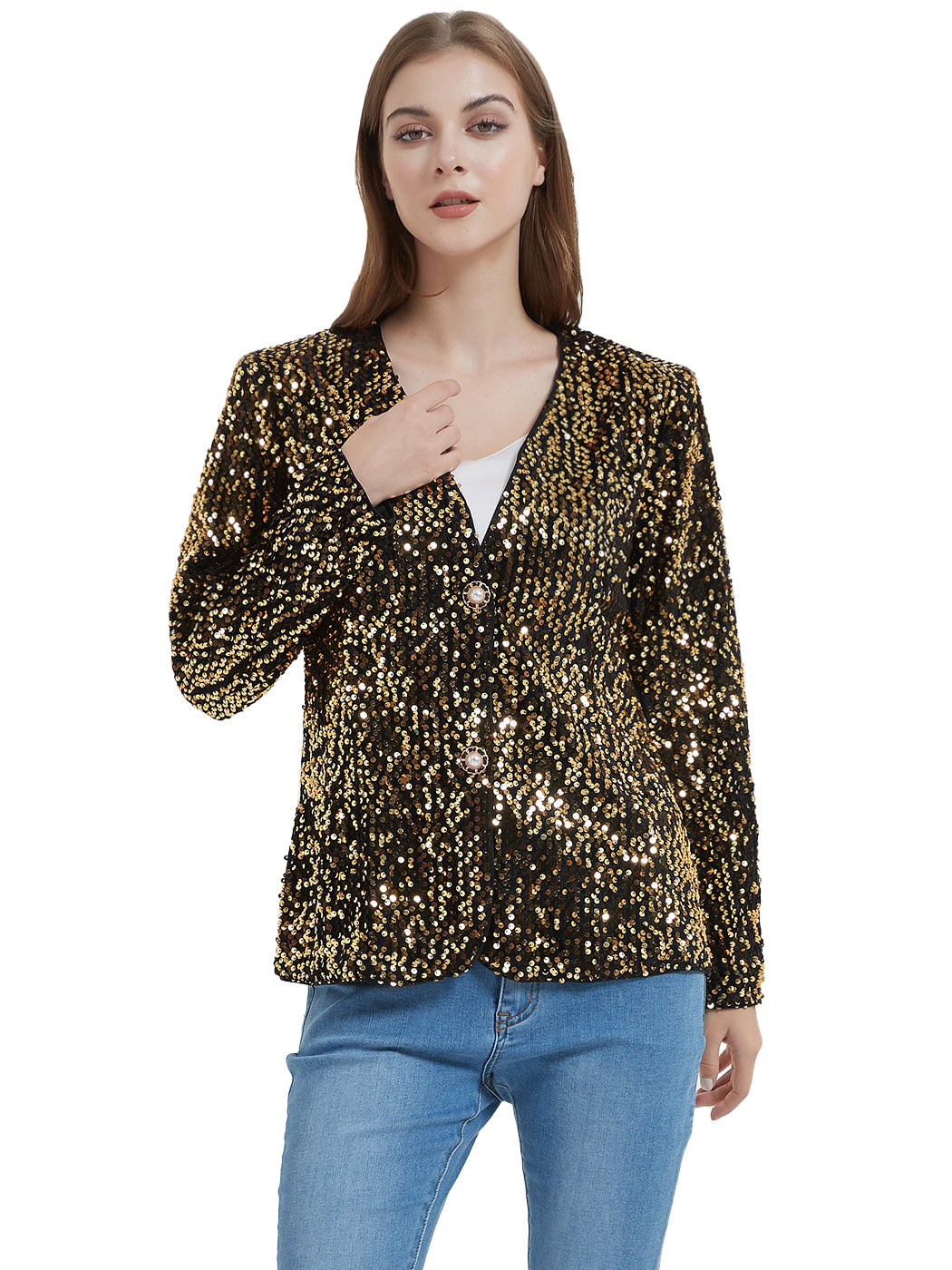 Chaqueta tipo cárdigan con lentejuelas para mujer de Anna-Kaci, abrigo informal brillante con parte delantera abierta