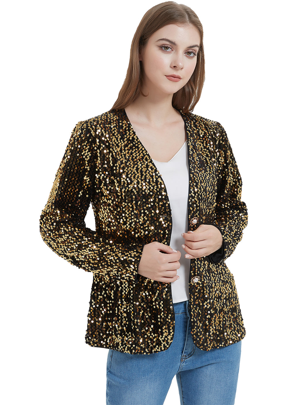 Chaqueta tipo cárdigan con lentejuelas para mujer de Anna-Kaci, abrigo informal brillante con parte delantera abierta