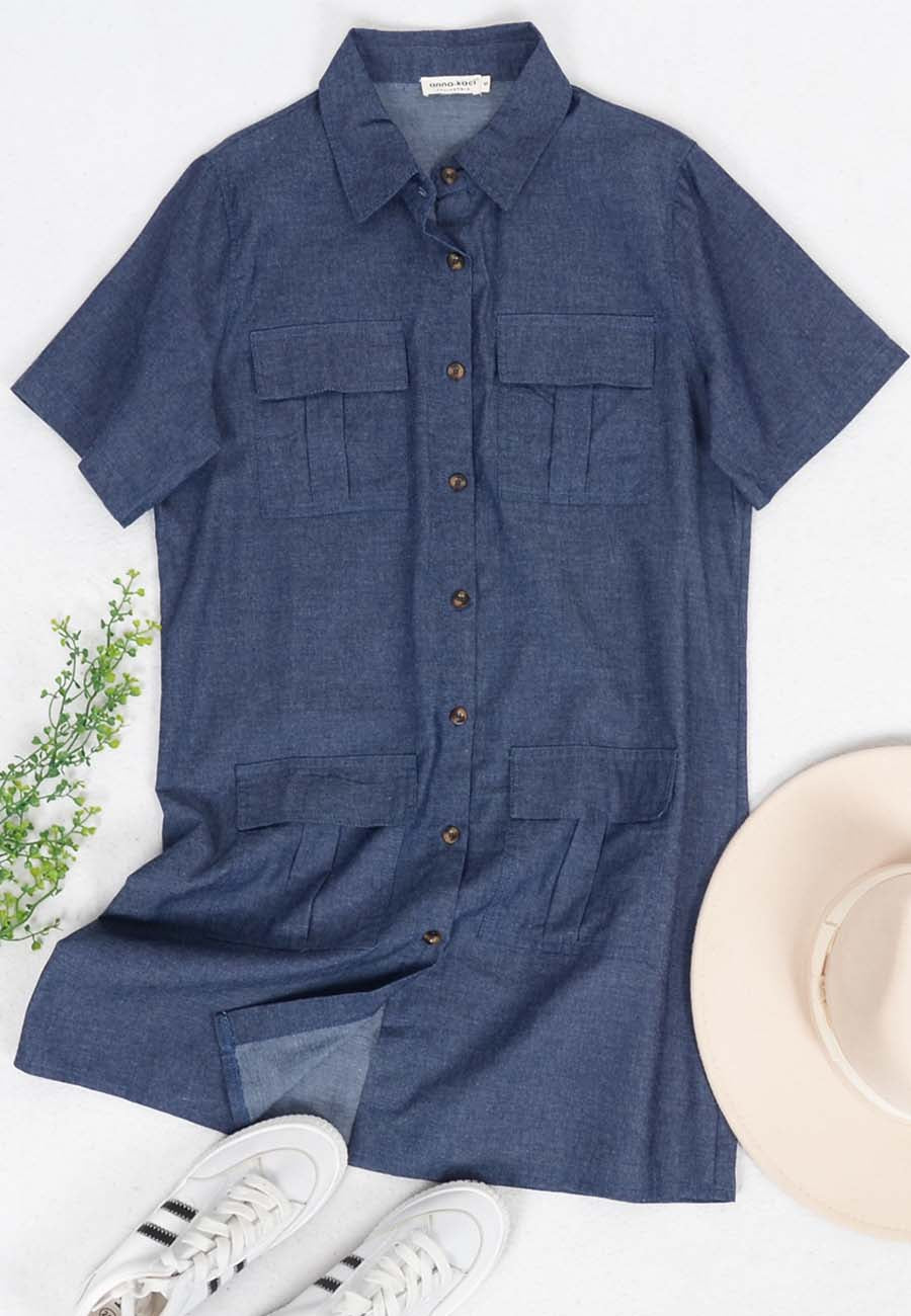 Vestido camisero de manga corta con botones y jean 