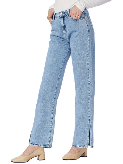 Women's High Rise Straight Leg Ankle Jeans Washed Side Slit Denim Pants