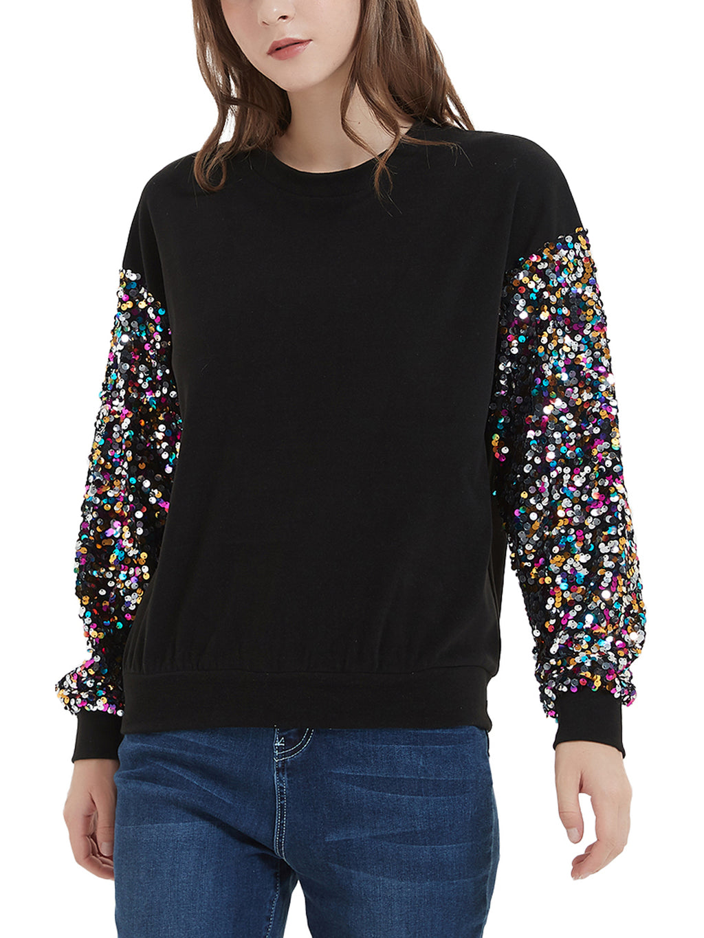 Anna-Kaci Women's Sparkle Sequin Tops Sweatshirt Long Lantern Sleeve Pullovers Blouse