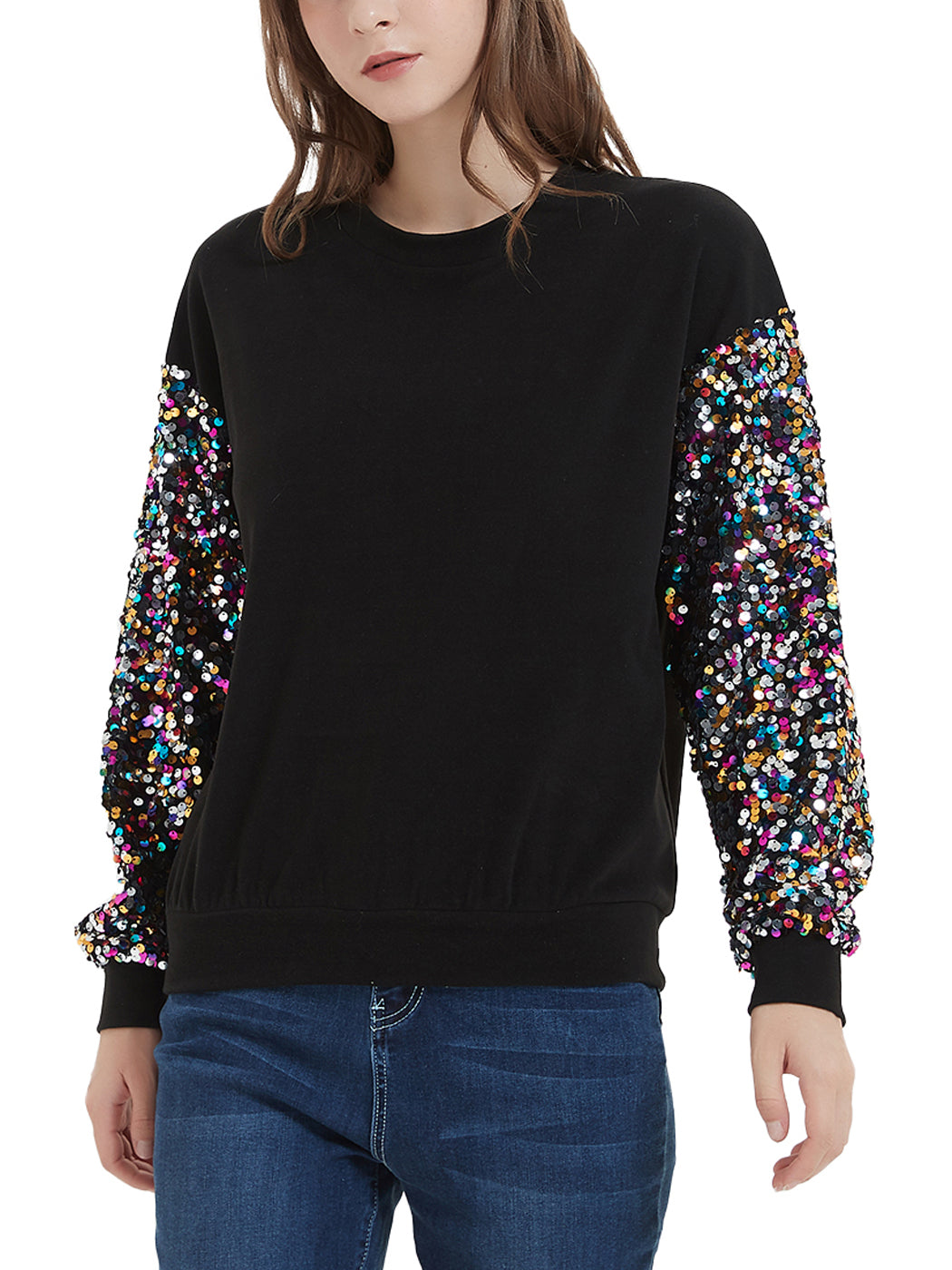 Anna-Kaci Women's Sparkle Sequin Tops Sweatshirt Long Lantern Sleeve Pullovers Blouse