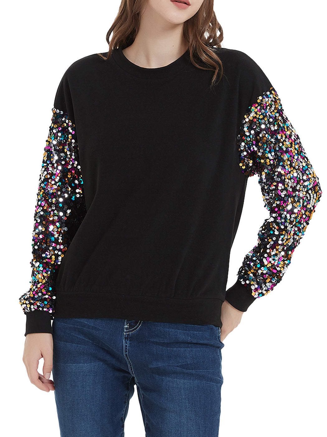 Anna-Kaci Women's Sparkle Sequin Tops Sweatshirt Long Lantern Sleeve Pullovers Blouse