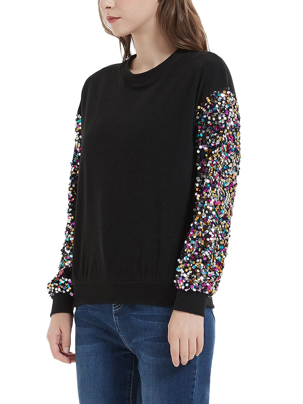 Anna-Kaci Women's Sparkle Sequin Tops Sweatshirt Long Lantern Sleeve Pullovers Blouse