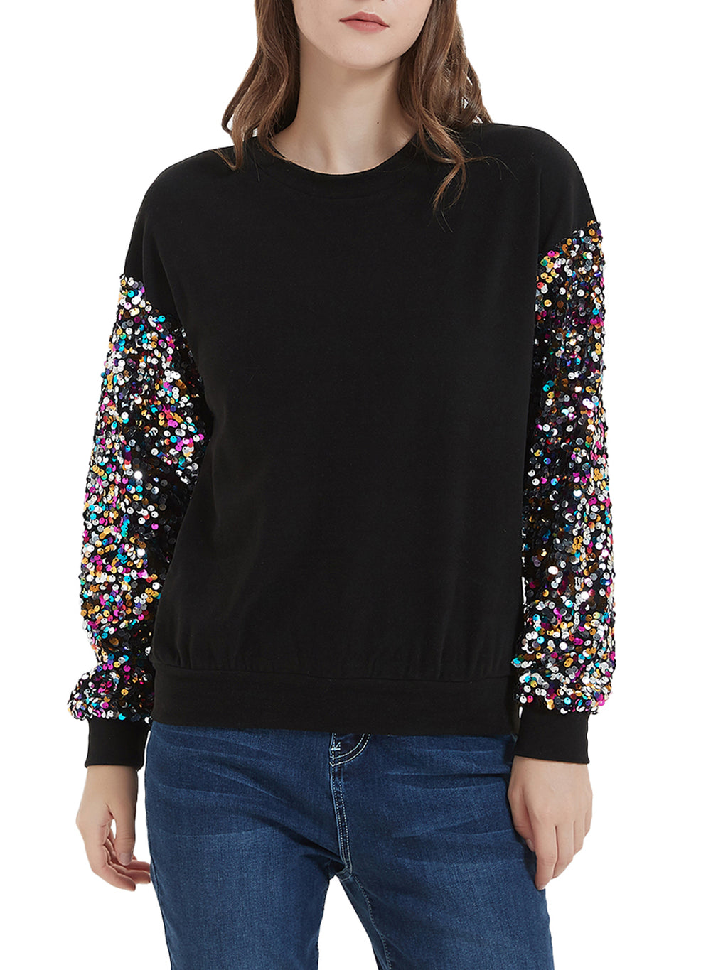 Anna-Kaci Women's Sparkle Sequin Tops Sweatshirt Long Lantern Sleeve Pullovers Blouse