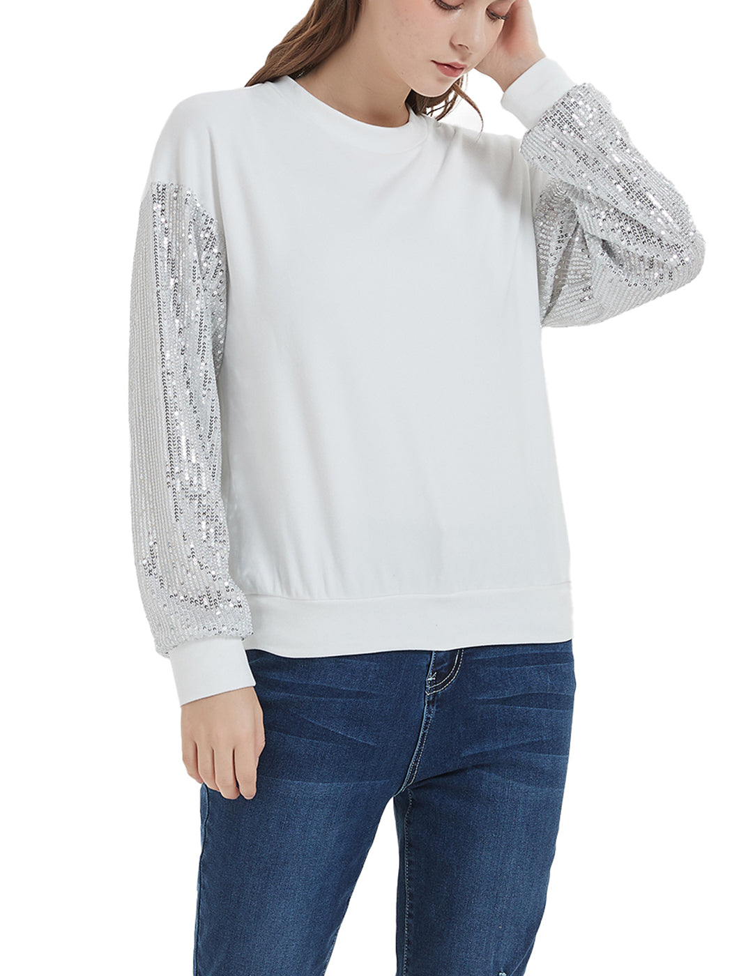 Anna-Kaci Women's Sparkle Sequin Tops Sweatshirt Long Lantern Sleeve Pullovers Blouse