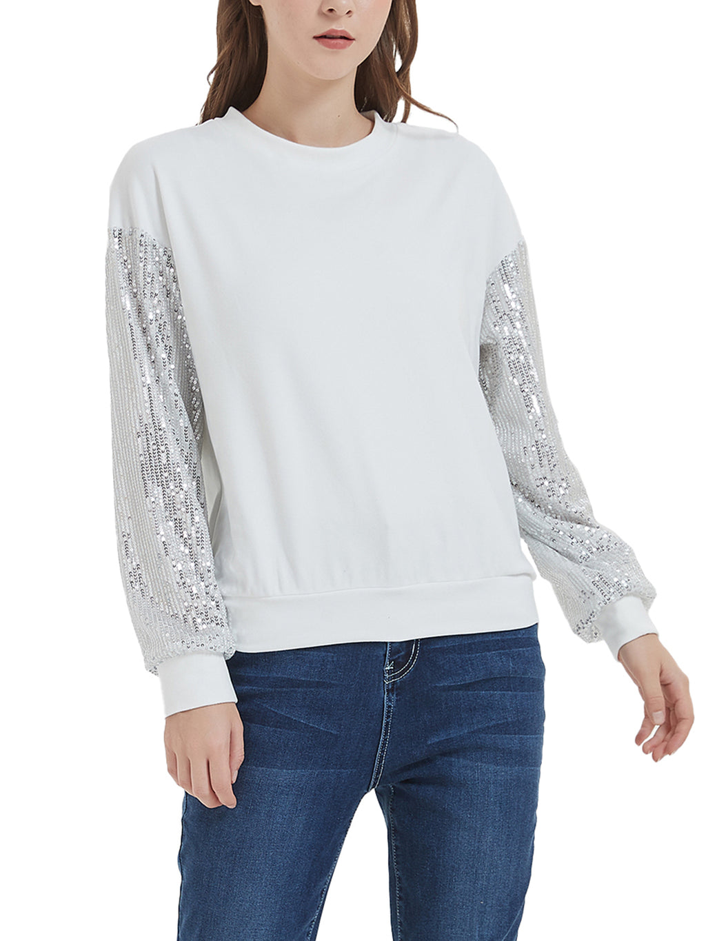 Anna-Kaci Women's Sparkle Sequin Tops Sweatshirt Long Lantern Sleeve Pullovers Blouse