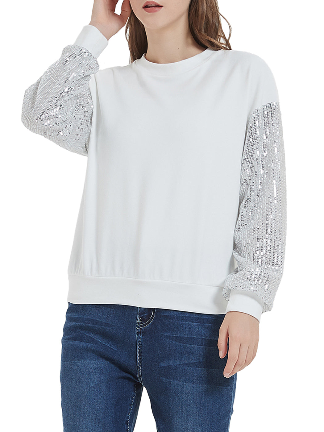 Anna-Kaci Women's Sparkle Sequin Tops Sweatshirt Long Lantern Sleeve Pullovers Blouse