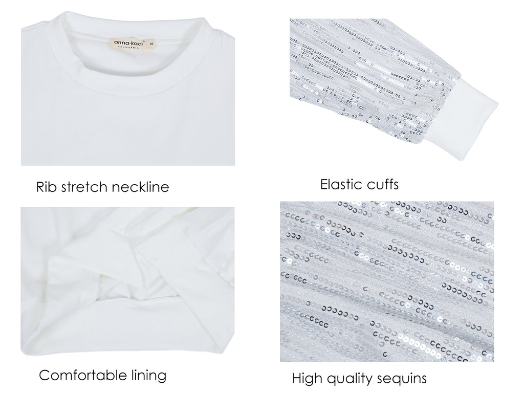 Anna-Kaci Women's Sparkle Sequin Tops Sweatshirt Long Lantern Sleeve Pullovers Blouse