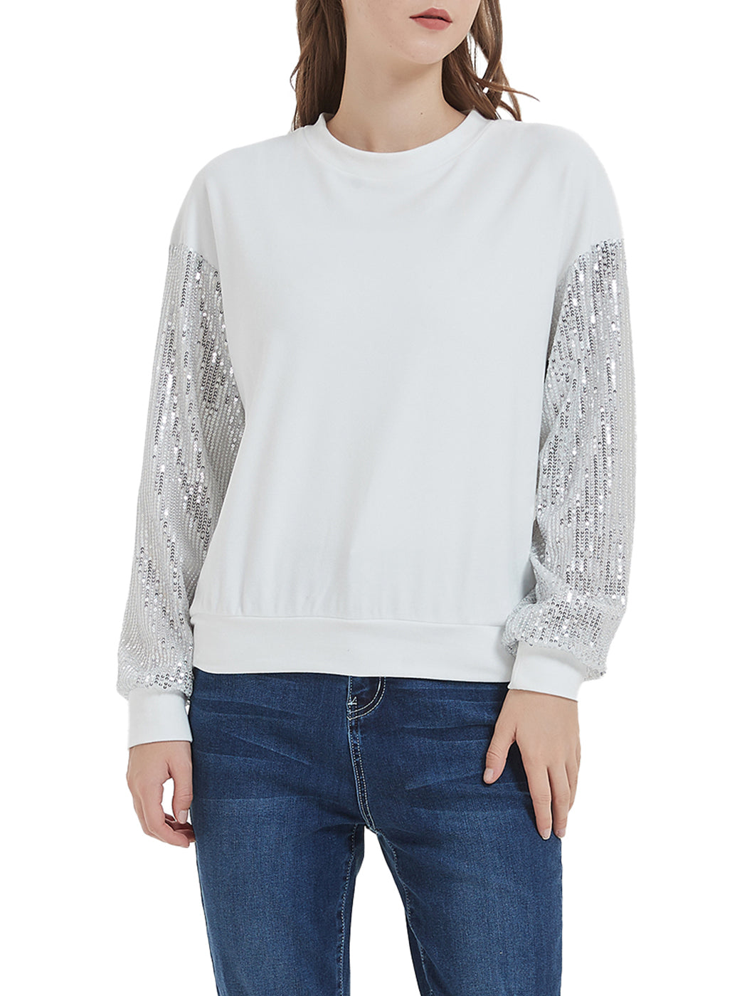 Anna-Kaci Women's Sparkle Sequin Tops Sweatshirt Long Lantern Sleeve Pullovers Blouse