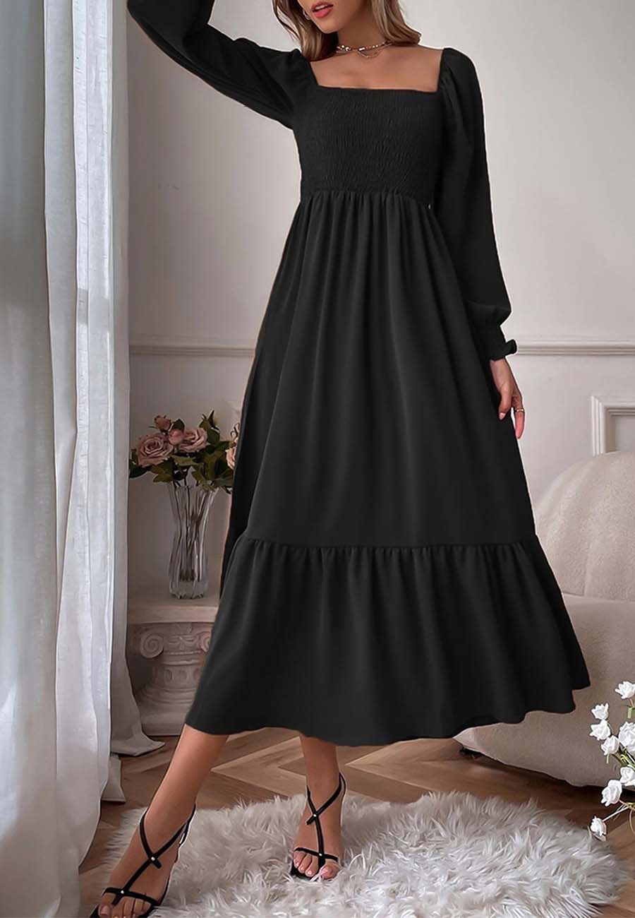 Vestido largo de manga larga con escote cuadrado y dobladillo fruncido para mujer de Anna-Kaci