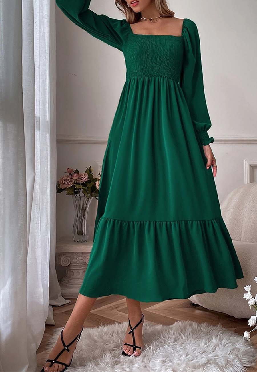 Vestido largo de manga larga con escote cuadrado y dobladillo fruncido para mujer de Anna-Kaci