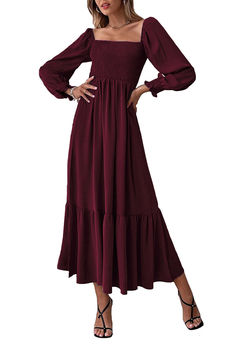 Vestido largo de manga larga con escote cuadrado y dobladillo fruncido para mujer de Anna-Kaci