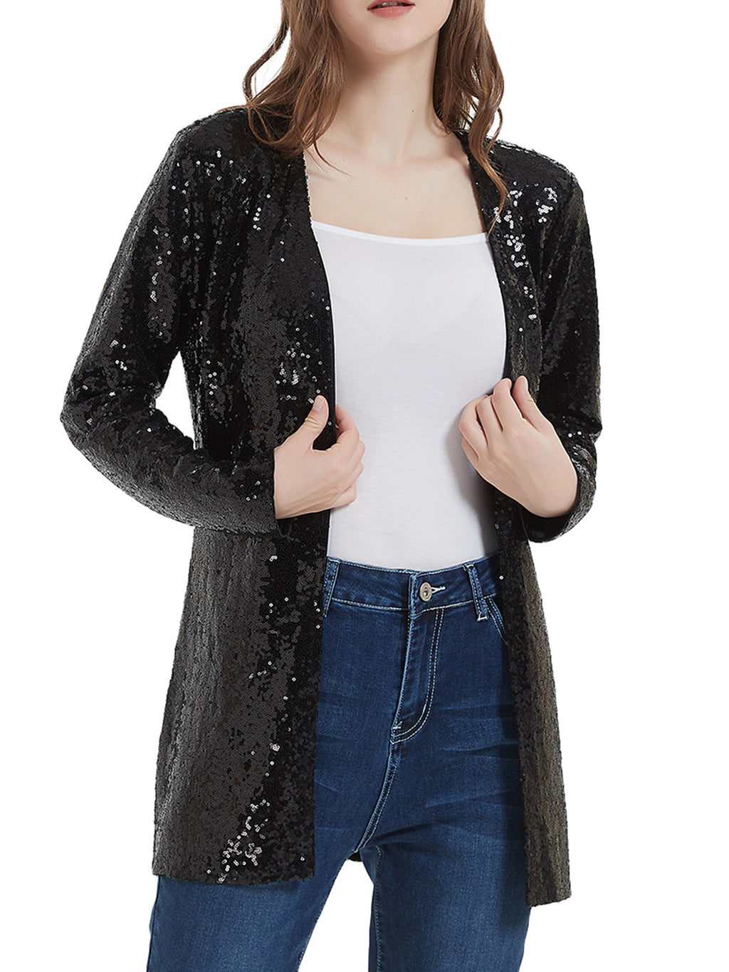 Chaqueta de lentejuelas para mujer de Anna-Kaci, abrigo abierto por delante, blazer, prenda exterior para fiesta, cóctel, cárdigan