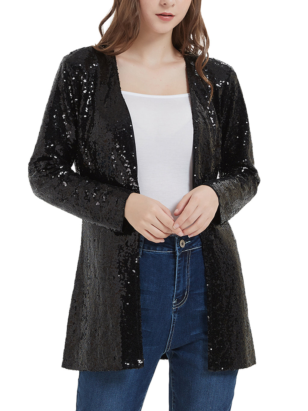 Chaqueta de lentejuelas para mujer de Anna-Kaci, abrigo abierto por delante, blazer, prenda exterior para fiesta, cóctel, cárdigan