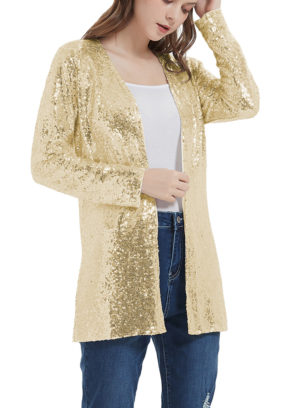 Chaqueta de lentejuelas para mujer de Anna-Kaci, abrigo abierto por delante, blazer, prenda exterior para fiesta, cóctel, cárdigan