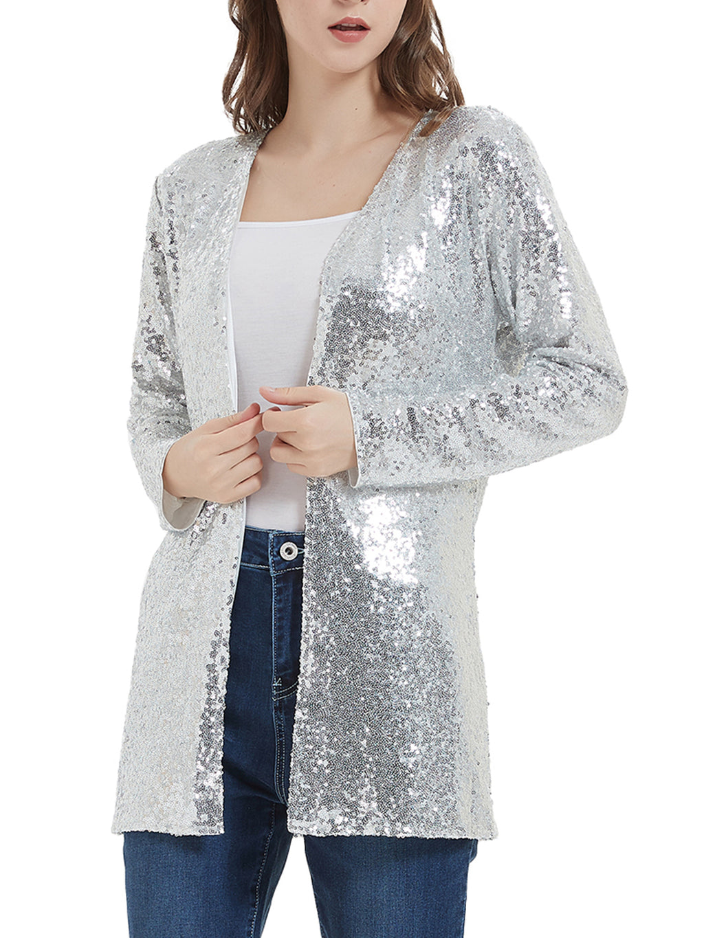Chaqueta de lentejuelas para mujer de Anna-Kaci, abrigo abierto por delante, blazer, prenda exterior para fiesta, cóctel, cárdigan