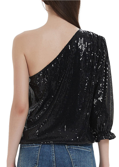 Blusa de un hombro con lentejuelas brillantes de verano de Anna-Kaci, blusa informal de cóctel con lentejuelas brillantes
