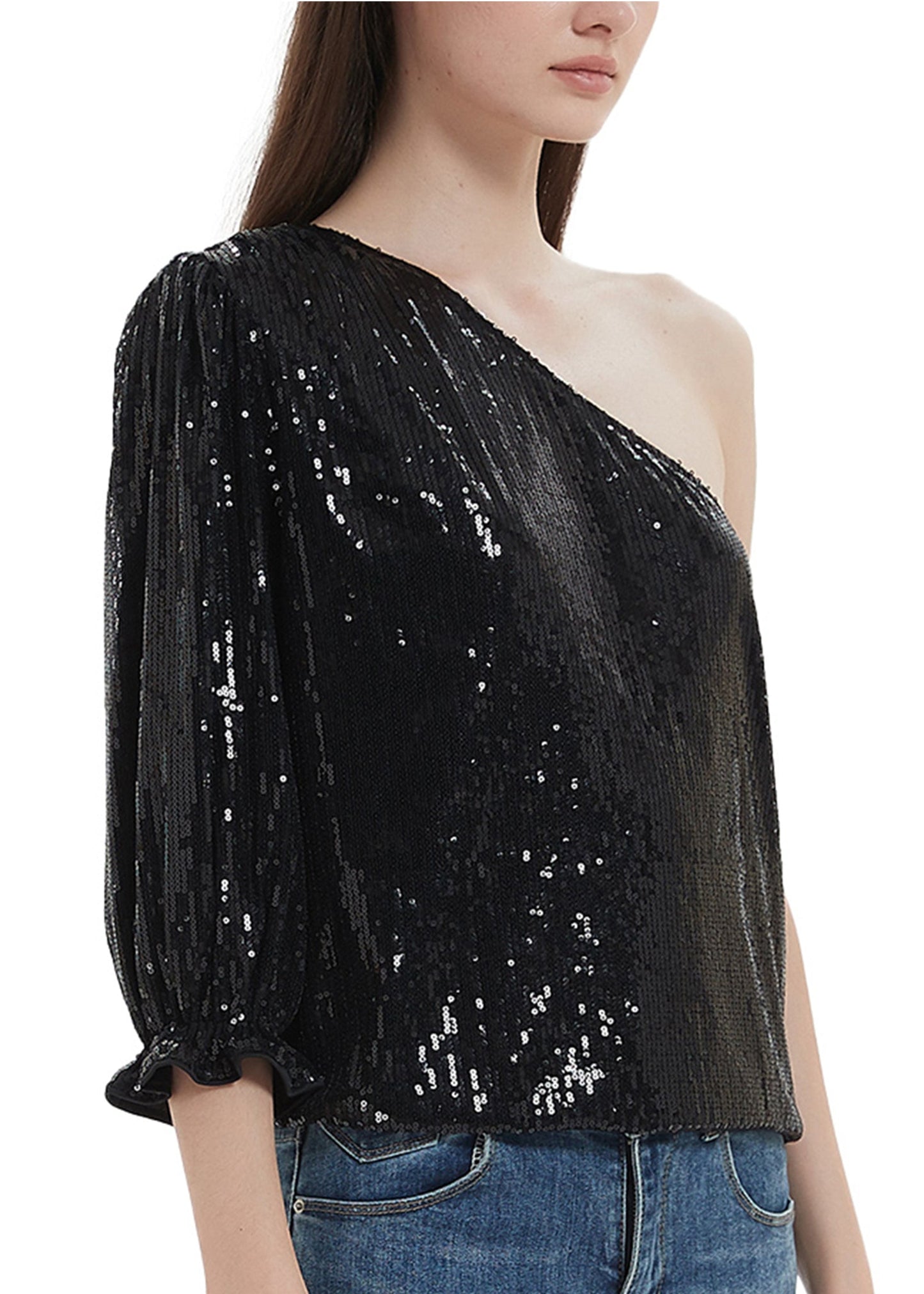 Blusa de un hombro con lentejuelas brillantes de verano de Anna-Kaci, blusa informal de cóctel con lentejuelas brillantes