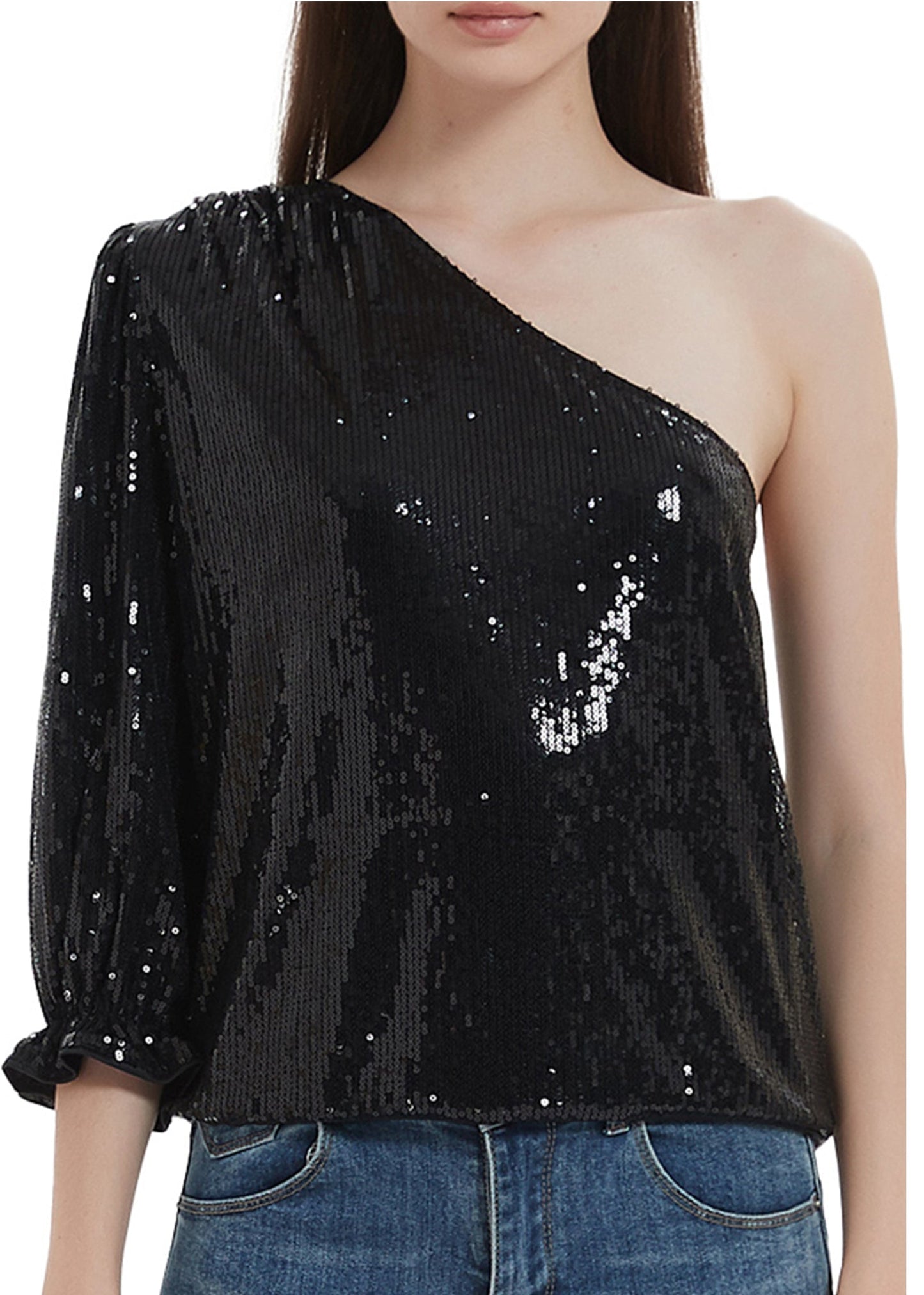Blusa de un hombro con lentejuelas brillantes de verano de Anna-Kaci, blusa informal de cóctel con lentejuelas brillantes